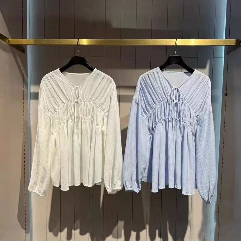 Japanese m Brand 25 Summer Sweet Style Ruched Tie Loose Semi-Sheer Long-Sleeve Shirt 028Isa30-1003
