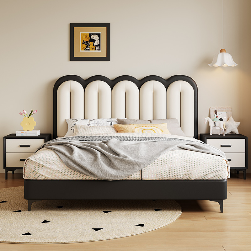 法式奶油风悠悠床女生网红创意主卧储物双人真皮床高靠背软包皮床