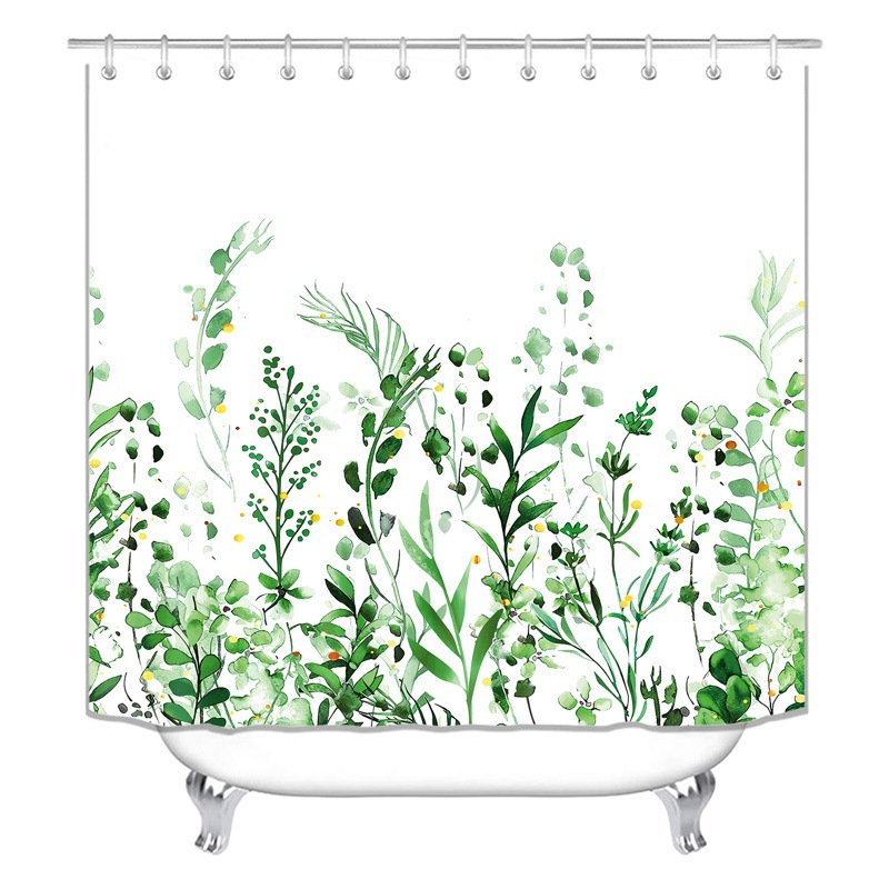 Cortina de ducha plegable impermeable con diseño de plantas verdes, cortina de baño digital de poliéster, con anillas colgantes de plástico blancas en forma de C, venta al por mayor.
