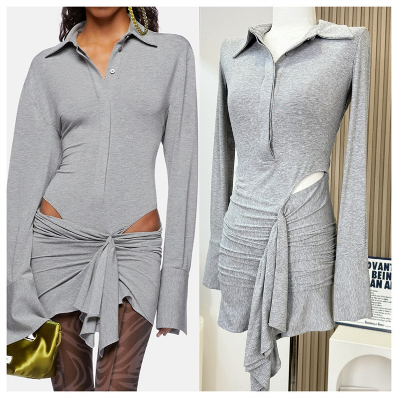 Sexy Spice Girl Grey Long Sleeve Polo Collar Short Skirt Women's Niche 2024 Autumn Sexy Irregular Hollow Out dress