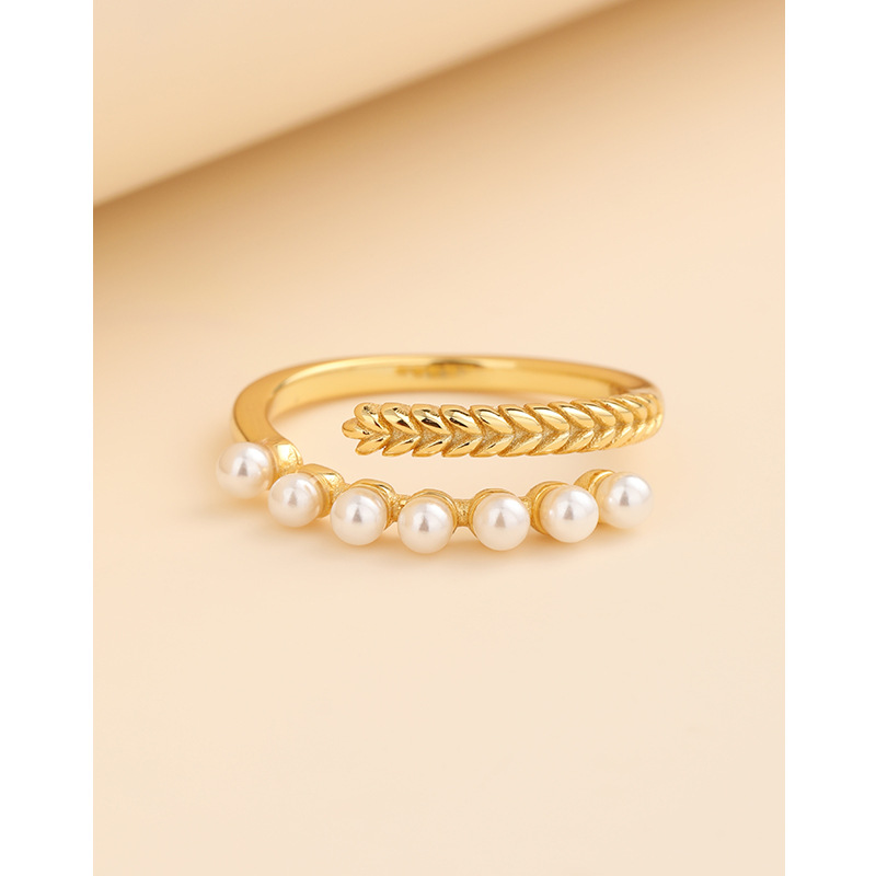 Anillo de perlas de oreja de trigo hembra abierta 925 Luz de plata de ley de lujo de alto grado sentido nicho diseño anillo de viento frío anillo de dedo índice
