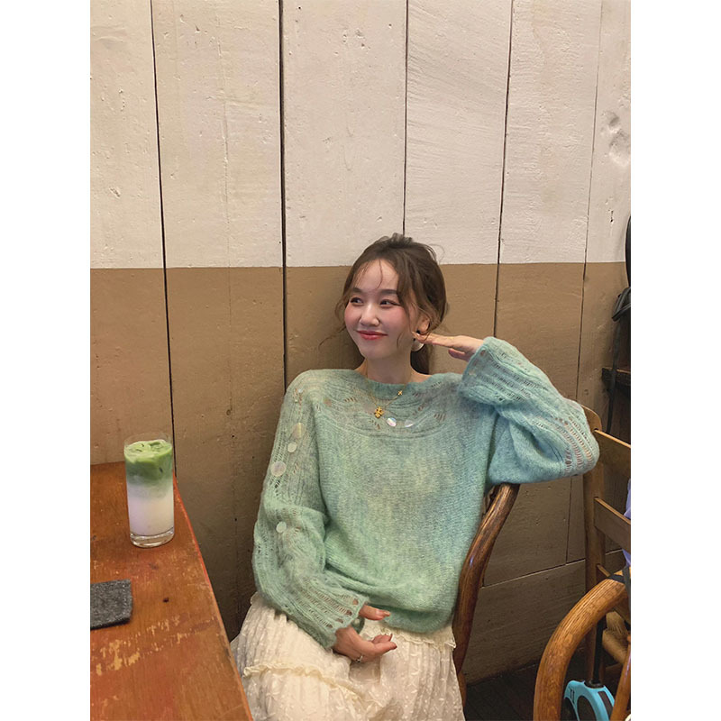theWangs韩版宽松套头针织衫毛衣女5早秋氛围感穿搭镂空衣打底衫|undefined