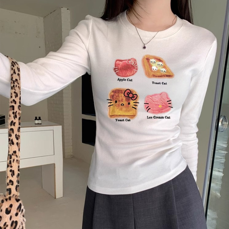 白色圆领正肩长袖T恤女装春秋新款卡通凯蒂猫印花修身甜辣妹上衣
