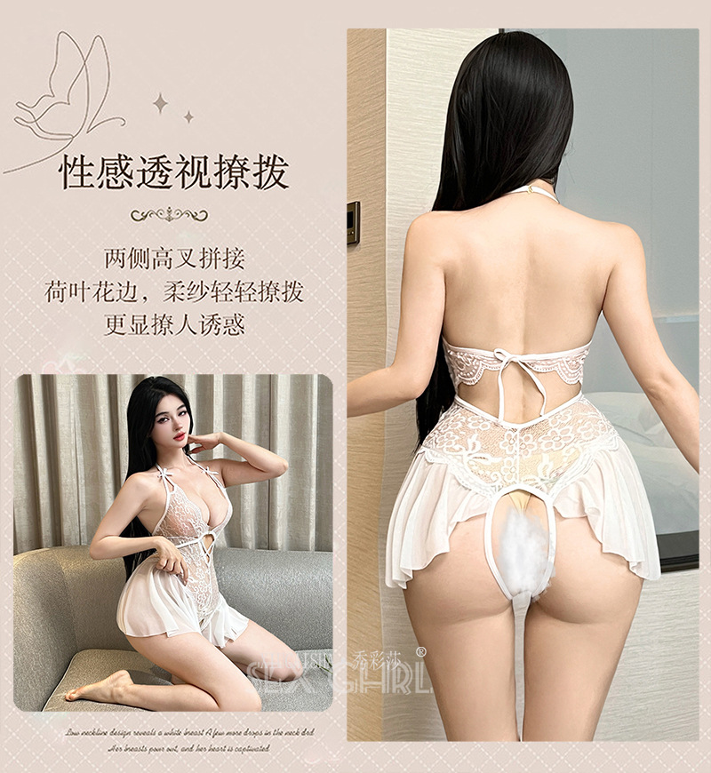 See-Through Mesh Lace Babydoll, Backless Deep V Slip Dress, Purple XXL — detail image 20