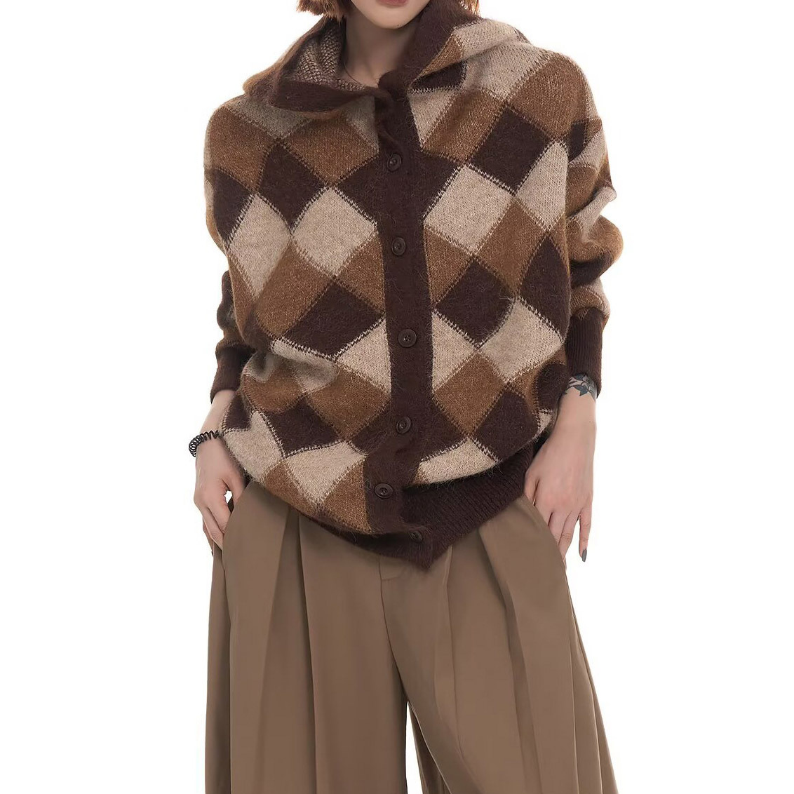 Explosiones transfronterizas de tamaño europeo gran tamaño Maillard jersey jersey de cuadrícula de diamante suéter pareja hombre cardigans fábrica de cuello redondo al por mayor