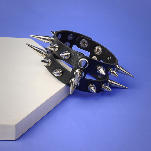 European and American punk style Gothic double row hollow spike rivets personalized leather bracelet trendy cool leather bracelet bracelet