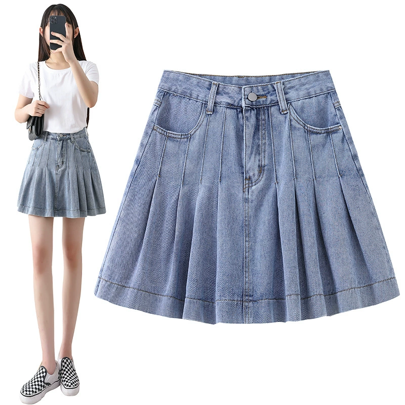 Настоящая фотография короткой юбки, утягивающей юбки-торта, средней юбки, джинсовой летней юбки-зонтика с высокой талией, большого размера.