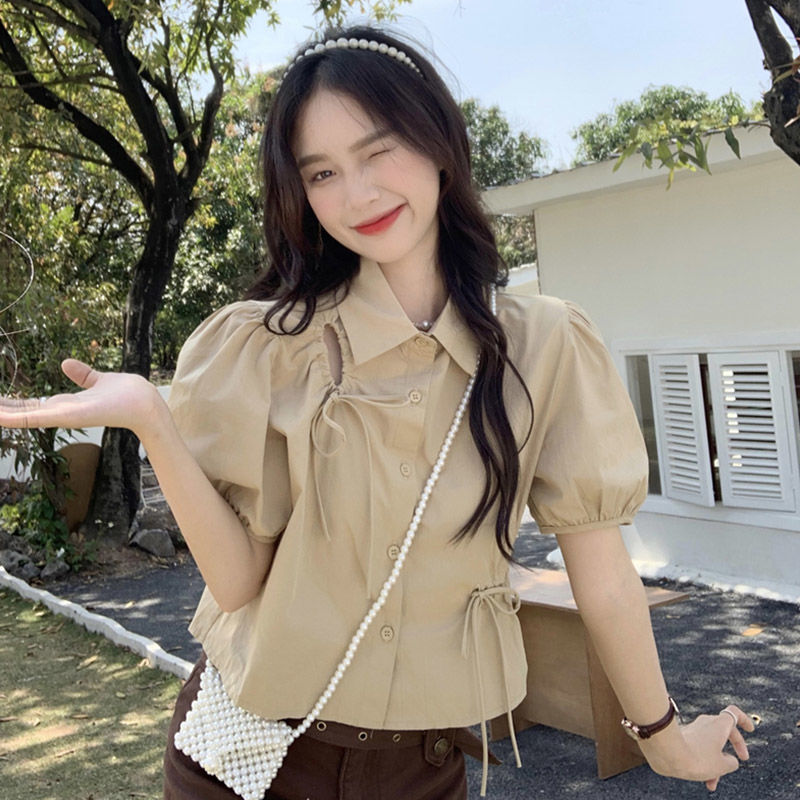 Niche Short-Sleeved Shirt for Women Summer New French Design Drawstring Cut Out Short Top Versatile Sweet Shirt