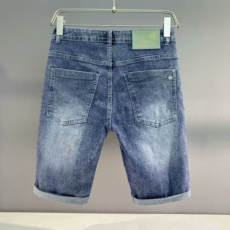 Men's Stretch Denim Shorts With Embroidery And Print Designs, Slim Fit 5-Pocket Casual Shorts For Summer Street Style_mkmklike.com