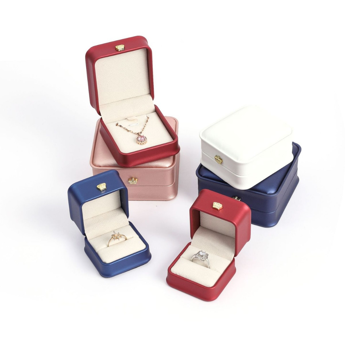 Caja de joyería de corona de cuero PU de alta calidad, anillo, colgante, brazalete, caja de embalaje, caja de joyería de día de San Valentín de alta calidad