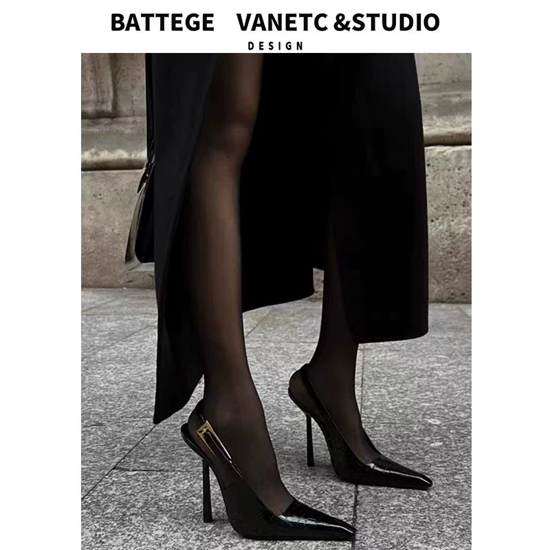 Тополь Лин Наза те же высокие каблуки 2025 новые маленькие золотые и черные заостренные туфли