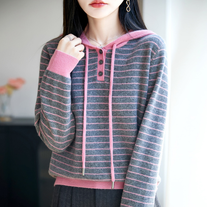 秋冬新款100纯羊毛衫女连帽套头针织打底衫上衣条纹宽松女装毛衣|undefined