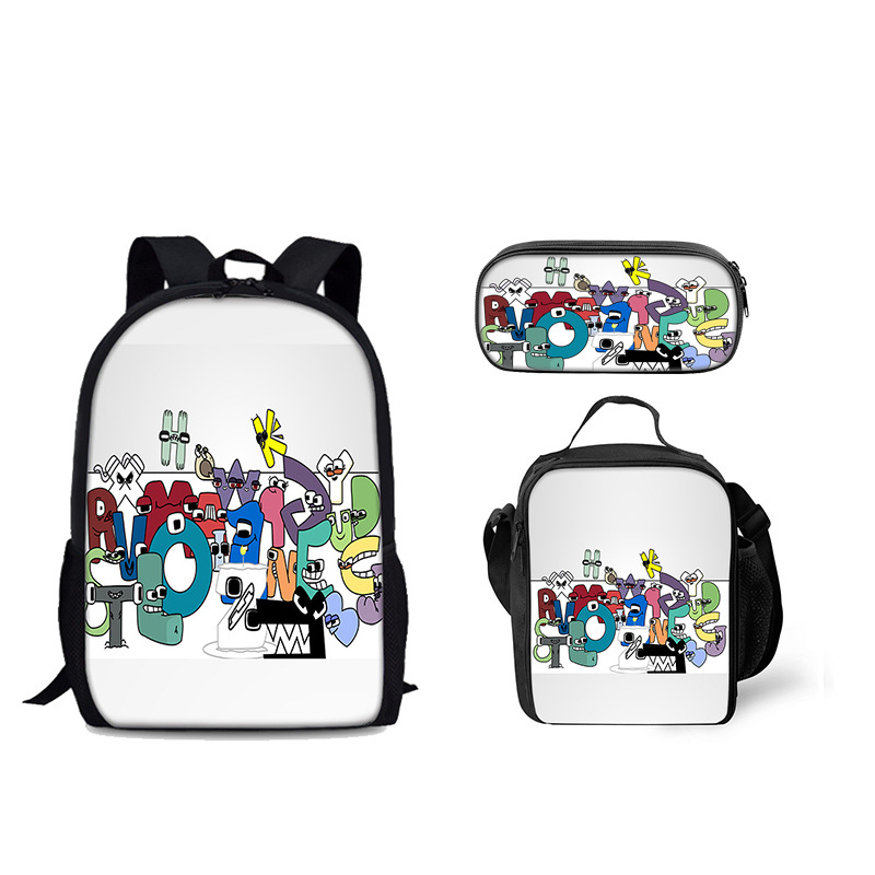 Venta al por mayor Alphabet Lore mochila escolar bolsa de hielo letra leyenda estudiante mochila bolsa de comida bolsa de tres piezas