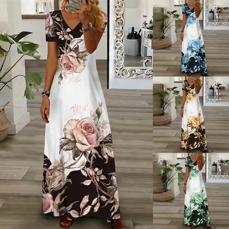 2024 European and American Cross-border Women's New AliExpress Amazon Trendy Printed V-neck Short-sleeved Long Dress