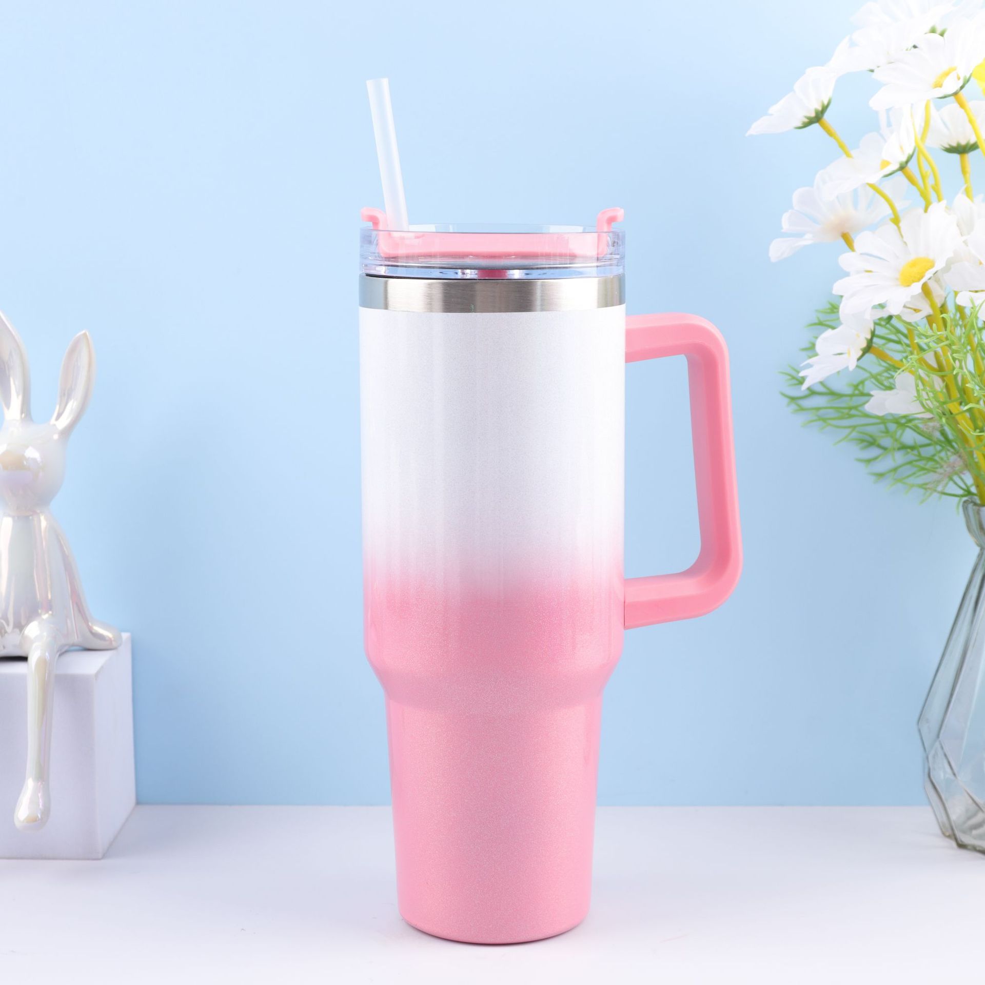 Cross-border 304 pintura del arco iris de acero inoxidable 40Oz Taza del coche paja gradiente hielo escudo Copa montado en el coche de gran capacidad termo taza