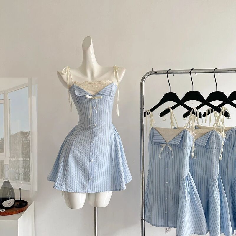 Blue Striped Spaghetti Strap Dress for Women, New Summer Style with Lace Splicing Design, Waist-Cinching Short A-Line Dress for Petite Figures