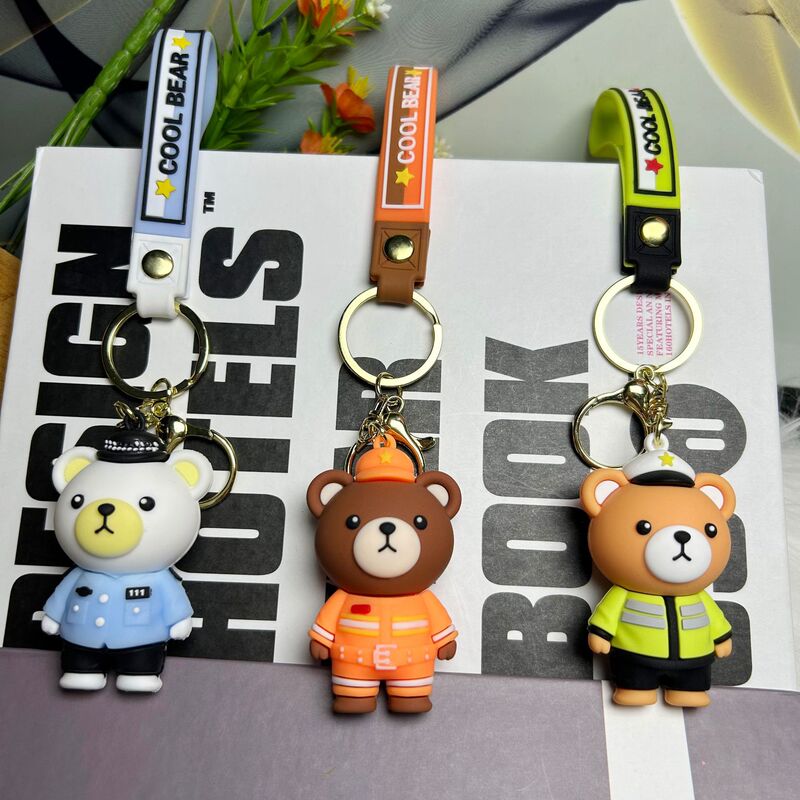Cartoon Cute Bear Police Keychain Three-dimensional Doll Student Bag Pendant Couple Small Gift Key Ring Chain