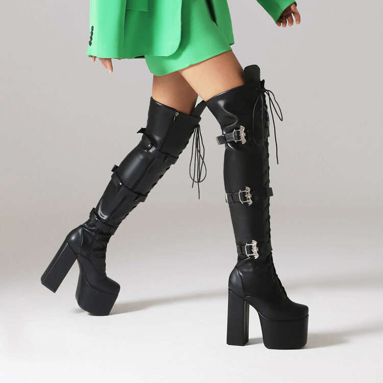 【Pre-sale | Ships In 15 Days】patent Leather Front Lace-up Square Buckle Round Head Waterproof Platform Chunky High-heeled Over-the-knee Boots_voghion.com