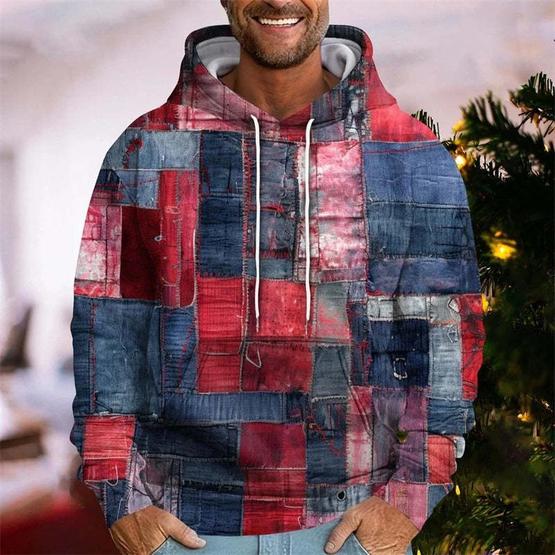 Men's Sporty Hooded Sweatshirt 2025 New Denim Patchwork Breathable Everyday Wear Style Men's Sporty Hooded Sweatshirt 2025 New Denim Patchwork Breathable Everyday Wear Style