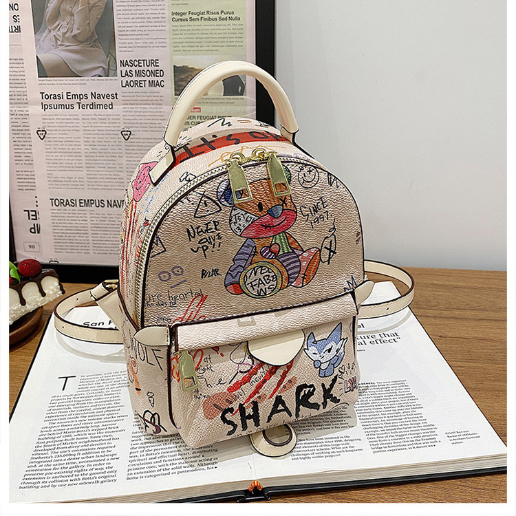 Stylish Graffiti Printed Backpack For Women Cute Bear School Bag_voghion.com