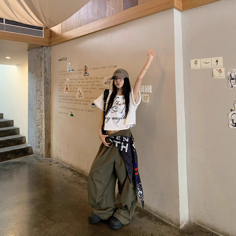 厂家直销咖绿色绑带叠穿松紧休闲裤夏季美式复古宽松阔腿裤长裤子|undefined