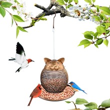 亚马逊创意猫咪金属复古户外铁艺悬挂式自动喂鸟器新款喂鸟器