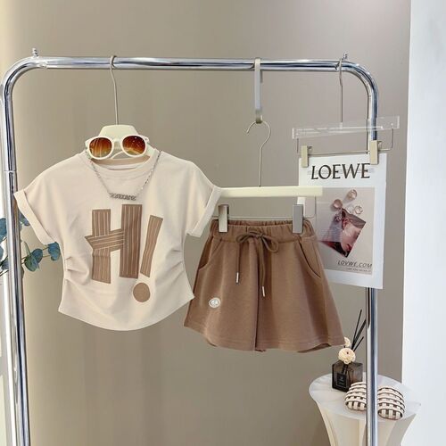 Girls' Short Set Cute Summer New Han Style Printed Casual Fashion Two-Piece Outfit for Older Children