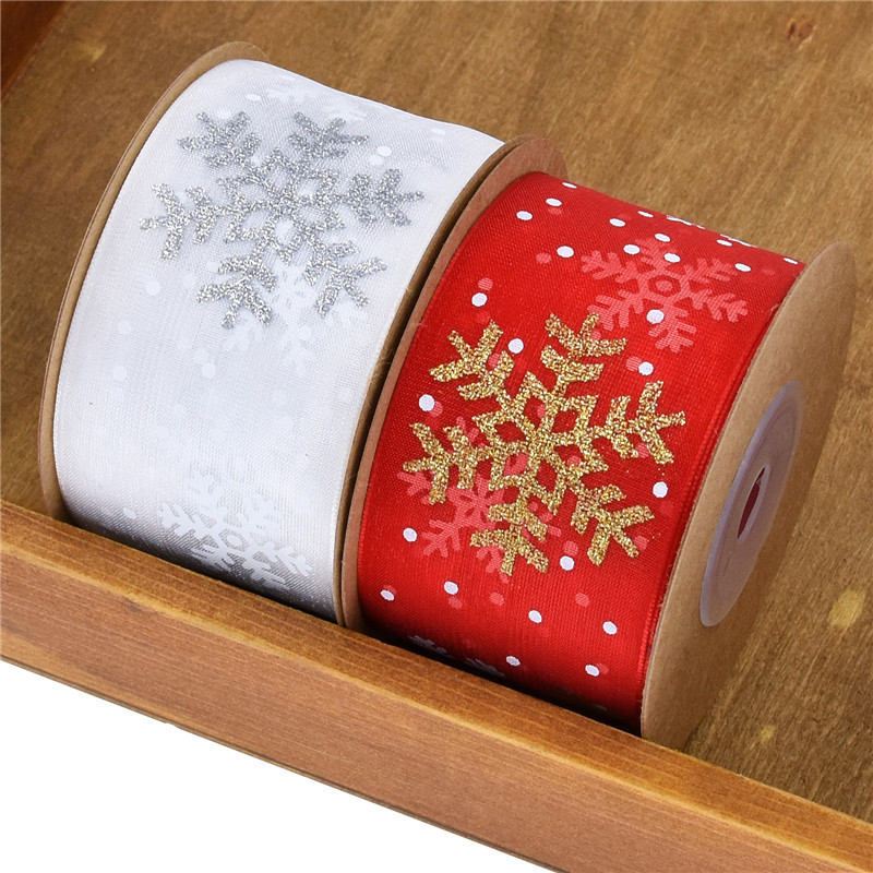 38mm de ancho transfronterizo nuevo polvo impresión copo de nieve cinta de regalo de Navidad flores cinta de regalo decoración cinta