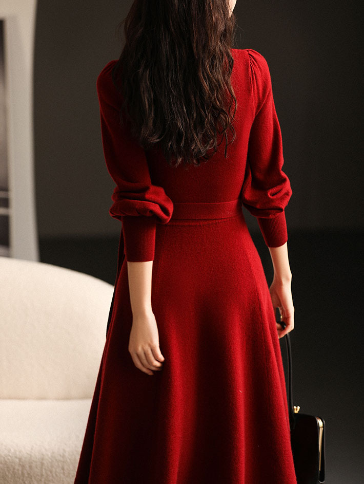 French Retro Red Knitted Dress Winter Lantern Sleeves Over The Knee Wool  Dresses | eBay