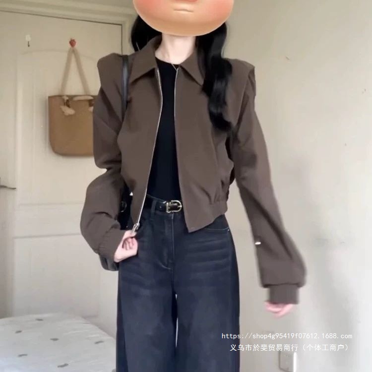 美拉德棕色外套女秋季小个子2026新款复古短款设计感潮流夹克上衣