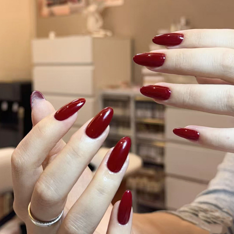 Burgundy Almond-Shaped Nail Tips, Solid Color, Glossy, Simple Nail Art, Nail Stickers, Finished Nail Pieces for Wholesale