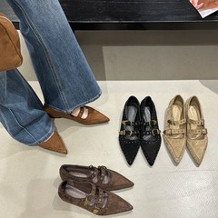 复古风2025秋季时尚百搭铆钉尖头皮带扣内增高玛丽珍浅口单鞋子女