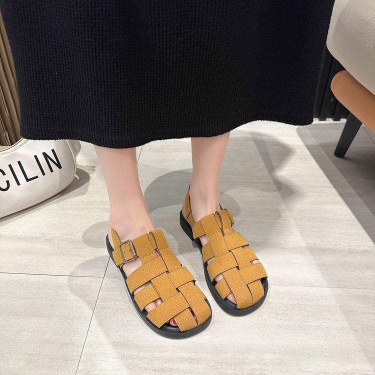 Sandali vintage con punta piatta da donna, primavera estate 2024, nuovi sandali alla moda con zeppa intrecciata e stivaletti romani da spiaggia_voghion.com