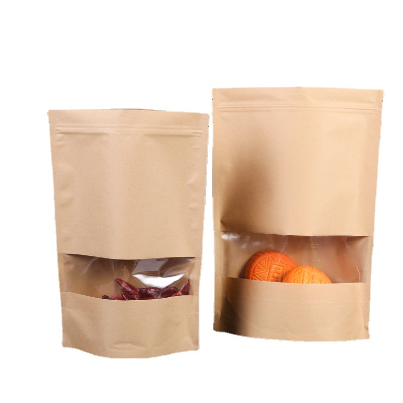 厂家批发牛皮纸袋现货食品常用牛皮纸包装高清磨砂开窗自立自封袋