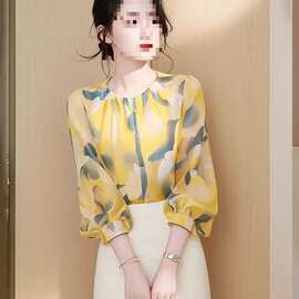 法式碎花雪纺衬衫七分袖早秋2025新款绝美宽松显上衣洋气小衫