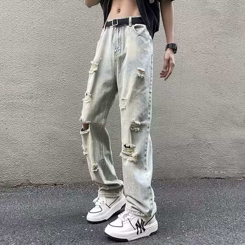 American High Street Ripped Washed Jeans Men's Spring Autumn Summer Straight Wide Leg Vibe Pants Men's Casual Pants