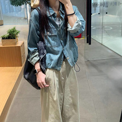 复古翻领抽绳牛仔衬衫女小个子秋季高级感叠穿休闲短款衬衣外套潮