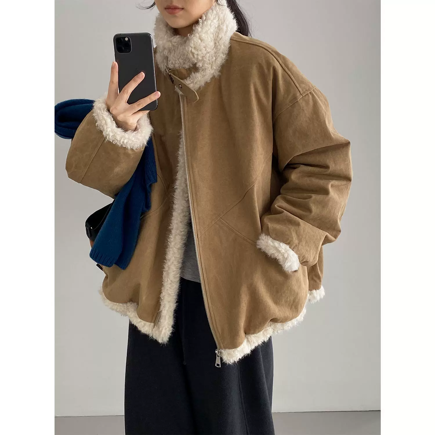 那末 复古巴恩风立领环保羊羔毛羽绒服女保暖加厚派克服外套2662