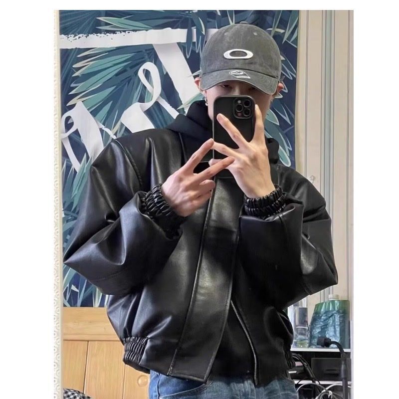 American Retro Shoulder-Padded Short Jacket Men's Trendy Brand Pilot Handsome Motorcycle Jacket Lapel Casual Jacket