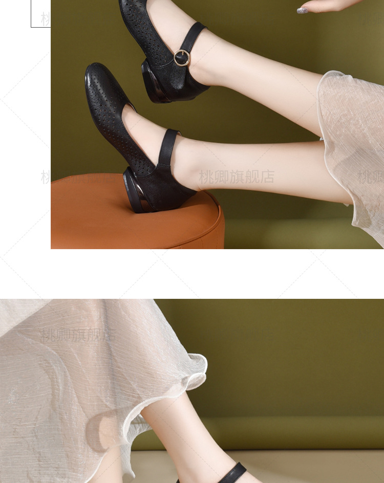 Giày sandal nữ đế xuồng mùa hè da thật thoáng khí mũi tròn bít mũi khoét lỗ — Màu đen chi tiết 21