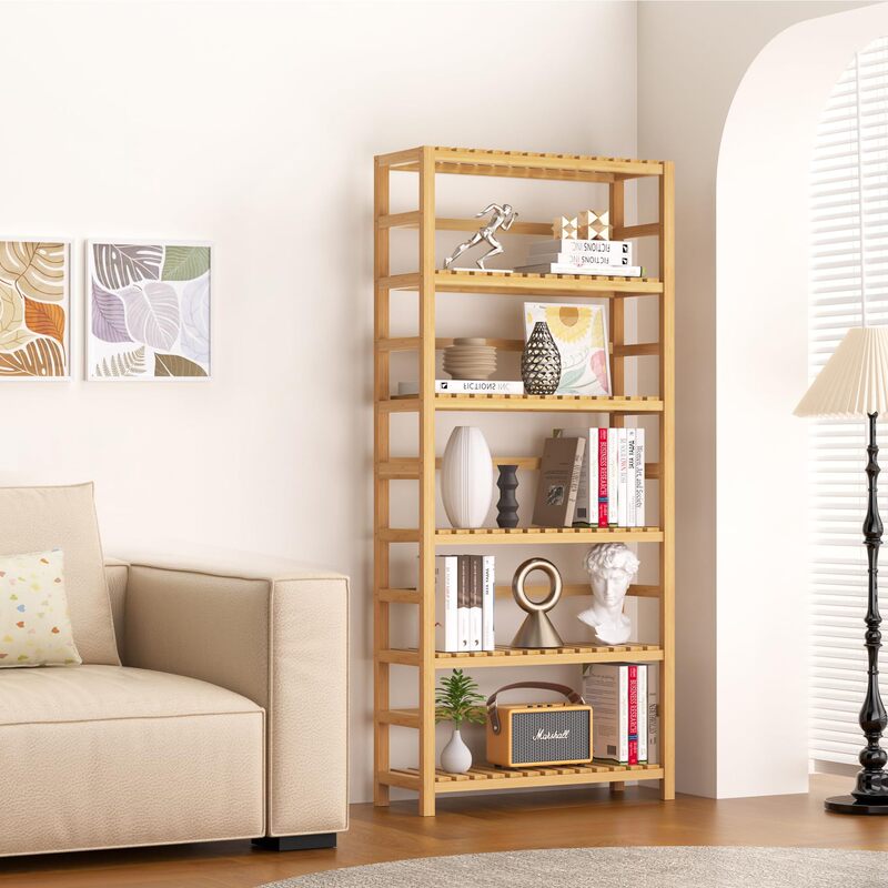 Bamboo Storage Shelf Unit with Adjustable Shelves, Tall Bookcase for Bathroom, Living Room, Balcony, Kitchen, Natural