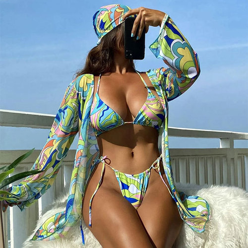 2024 New Printed Shawl Halter Neck Swimsuit Three-piece Set AliExpress Mesh Sunscreen Beach Spa Bikini