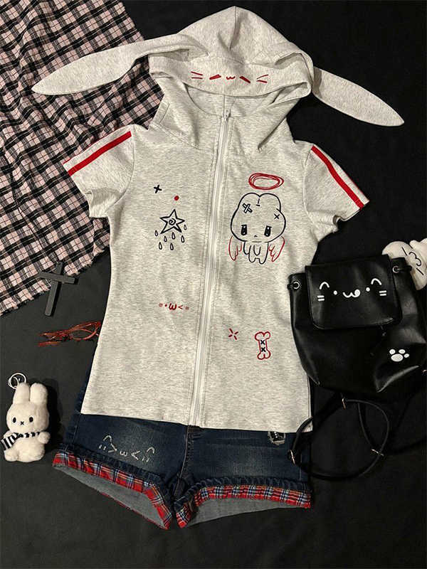 日本のかわいいウサギの耳フード付き半袖Tシャツレディース夏新作スリムフィットカジュアルジャケットトップス|undefined