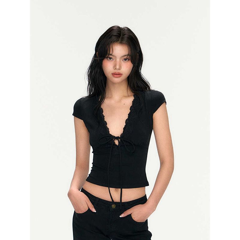 American Style Sexy Spice Girls Black V-neck Shoulder Short-sleeved T-shirt Women's Summer New Slim-fit Slimming Short Cropped Top