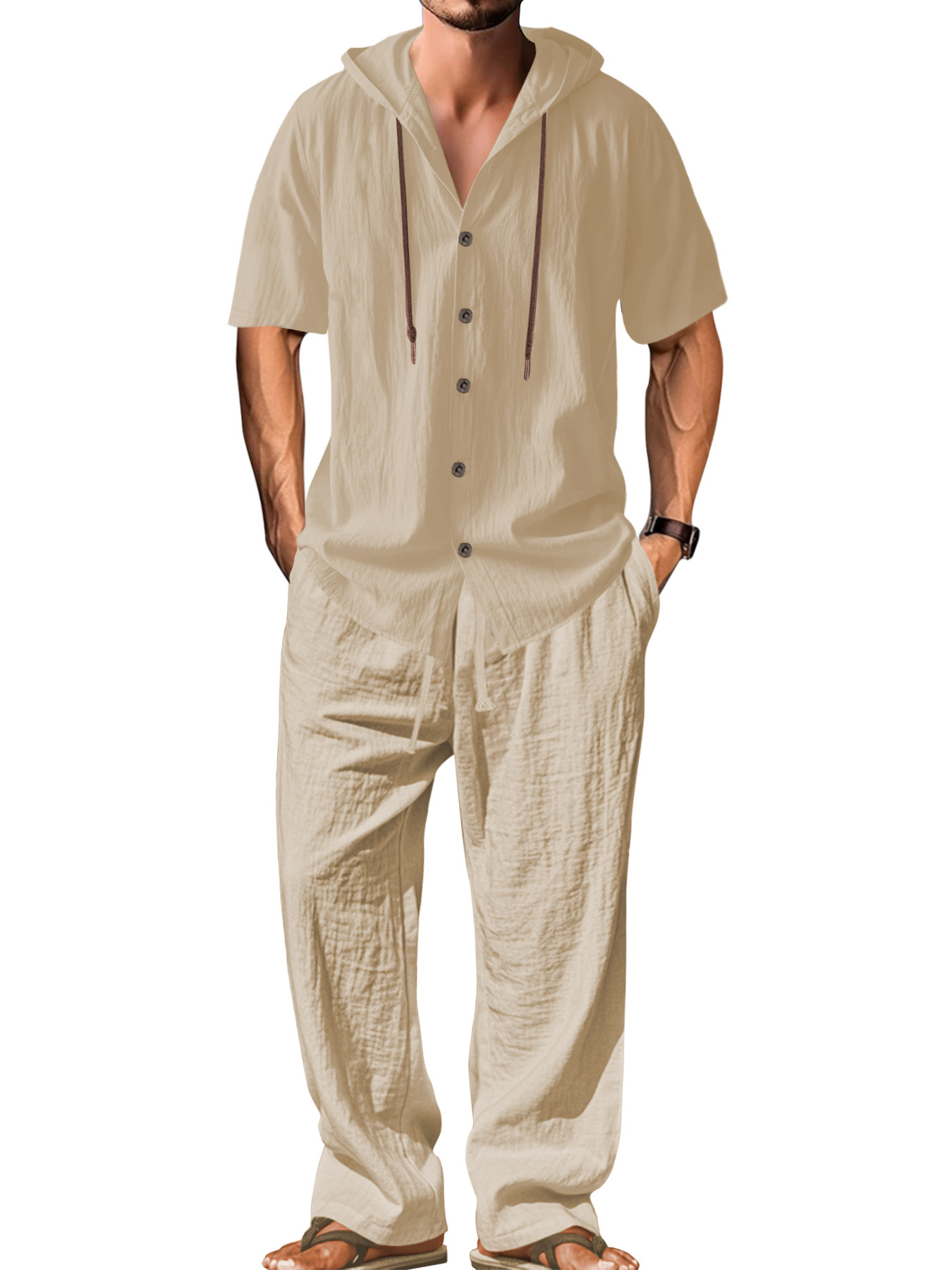 Transfronterizos Amazon Europa y Estados Unidos hombres trajes deportivos casuales con capuzas camisas de mangas largas de algodón y lino sueltas pantalones largos trajes para hombres