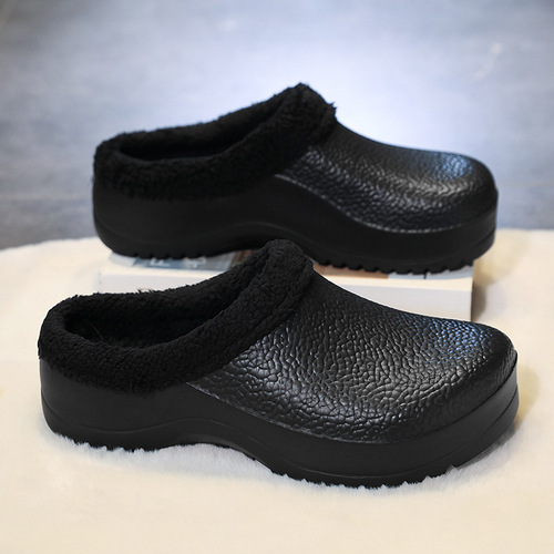 Cotton slippers, men's cashmere chef's shoes, indoor and outdoor home non-slip, waterproof, thick sole, plush warm head, large size cotton shoes