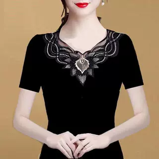 2024夏季新款大码女装蕾丝拼接短袖T恤200斤胖妹妹宽松显瘦上衣女