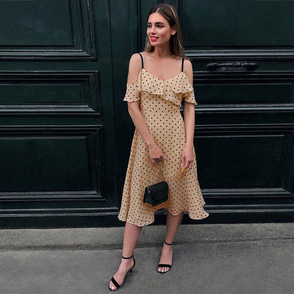 Europa y América primavera y el verano de Comercio Exterior Nuevo Amazon sexy V-cuello vestido de deslizamiento Delgado Polka Dot MIDI vestido