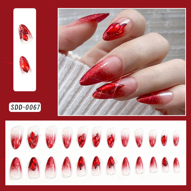 Cross-Border New 24-Piece Boxed Manicure Set with Wearable Nails, Glittering Ruby Almond-Shaped Patches, Red Glitter Fake Nails