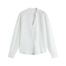 新中式重工刺绣立领长袖白色衬衫女2025夏季新款气质休闲亚麻上衣